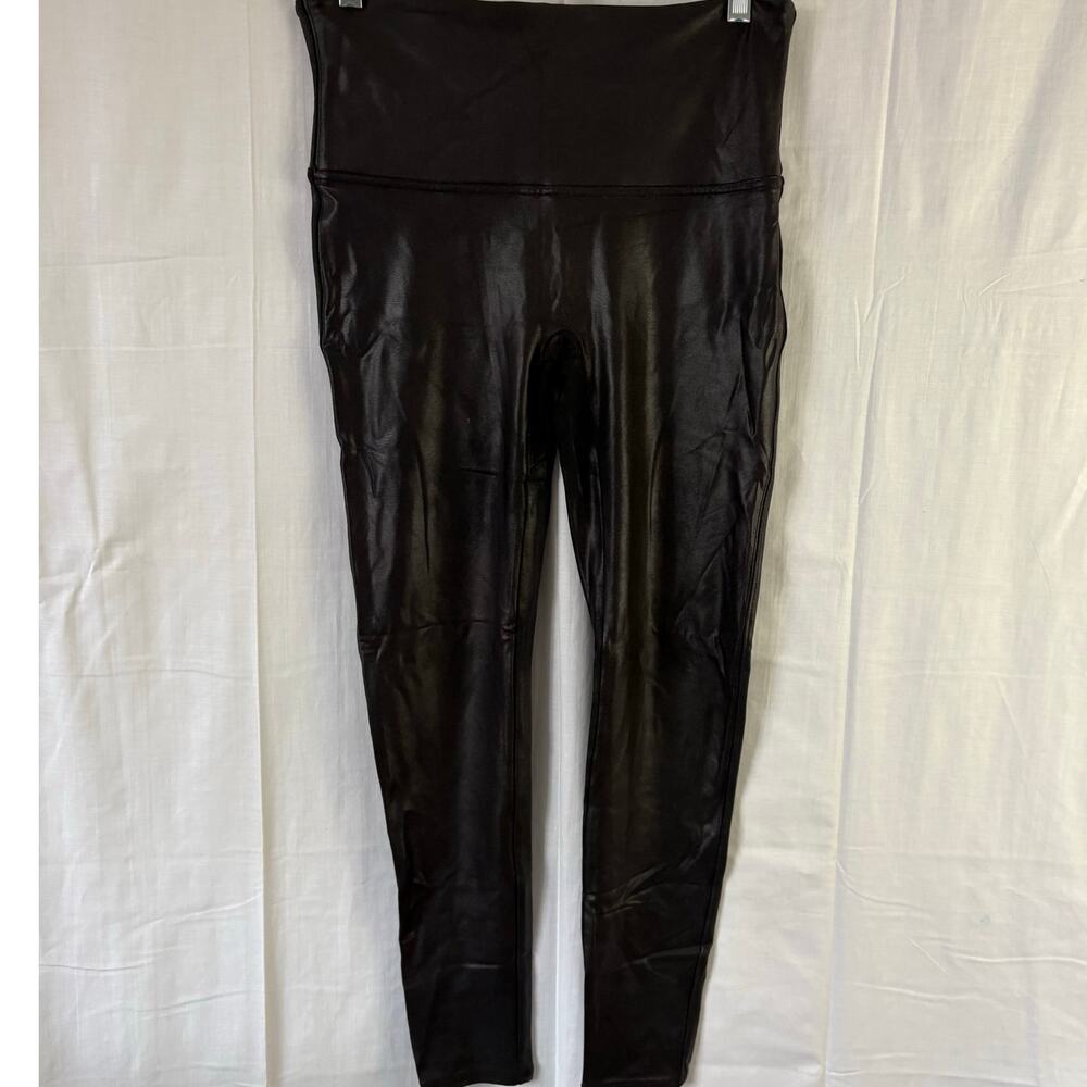 SPANX Faux Leather Leggings Women's XL Petite Black Slimming Shaping